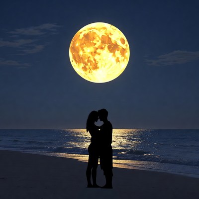 Silhouette couple kissing under full moon beach