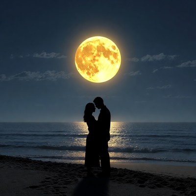 Silhouette couple embracing beach full moon