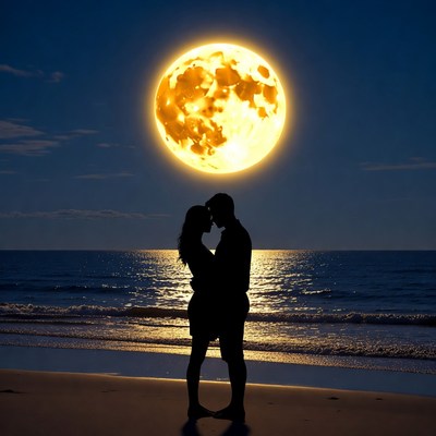 Silhouette couple embracing beach full moon