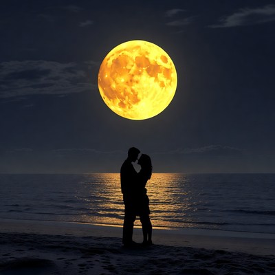 Silhouette couple kissing under full moon