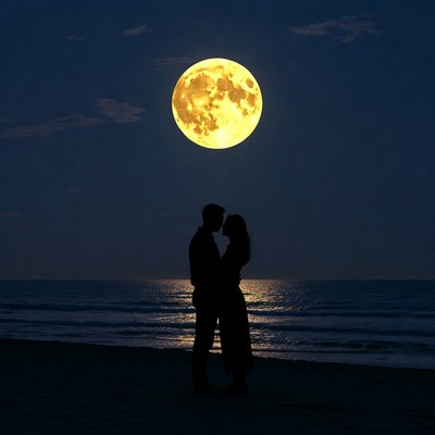 Silhouette couple embracing beach full moon