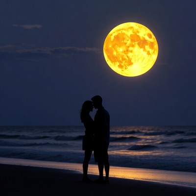 Silhouette couple embracing by moonlit beach