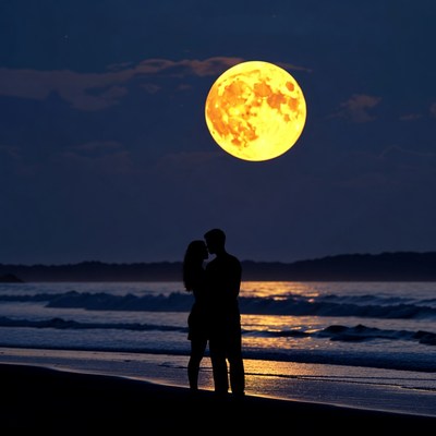 Silhouette couple kissing under supermoon beach