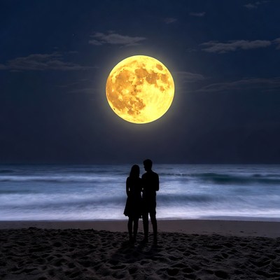 Silhouette couple watching full moon beach
