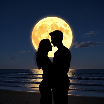 Silhouette couple embracing by moonlit beach