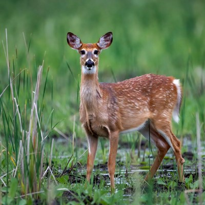 Doe standing in green marsh grass