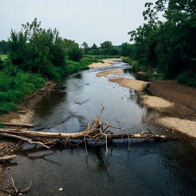 River with driftwood in green forest
