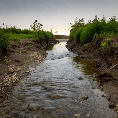 Small Creek Flowing Through Grassy Banks