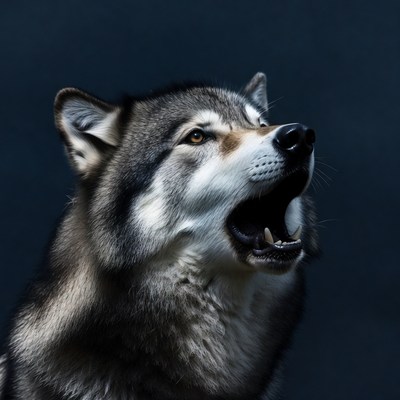 Gray wolf howling on dark background