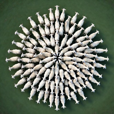 White sheep forming circle on green grass