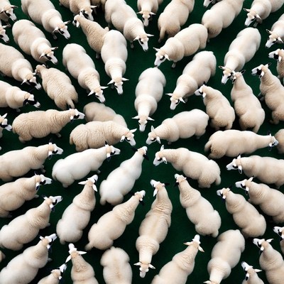 Sheep arranged in circle on grass