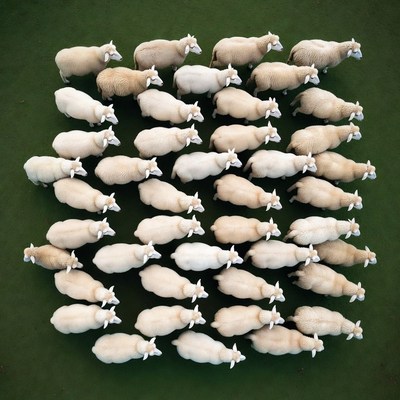 Sheep arranged in grid on green grass