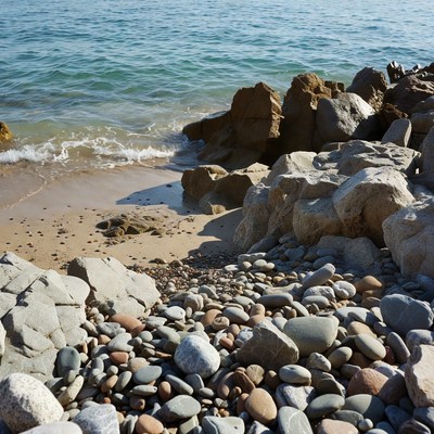 Pebbles and rocks by turquoise sea