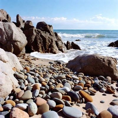 Pebbles and waves on rocky beach