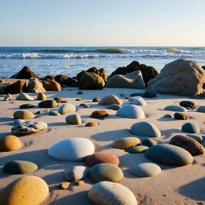 Colorful pebbles on beach at sunset