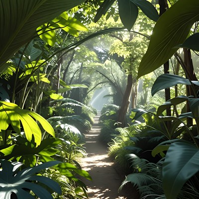 Sunlit Jungle Path Through Lush Greenery