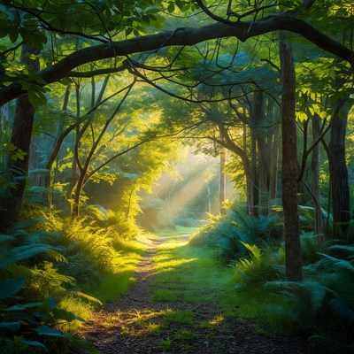 Sunlit Forest Path Through Green Trees