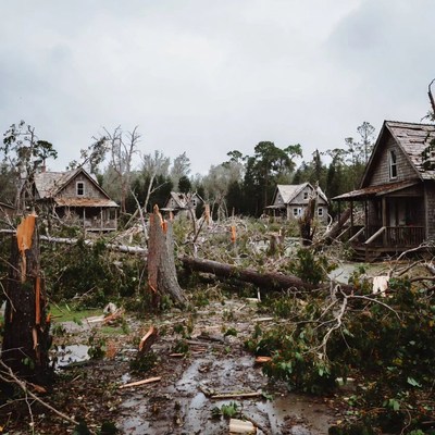 Hurricane-damaged houses and fallen trees