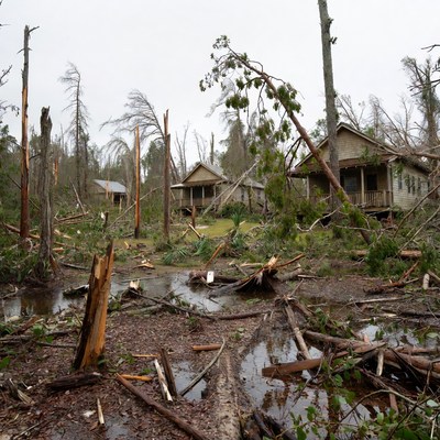 Hurricane-damaged houses amid fallen trees