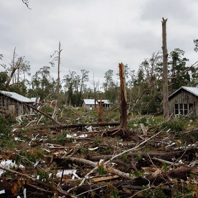 Hurricane-destroyed houses in swamp forest