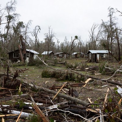 Hurricane-Damaged Houses Amid Fallen Trees