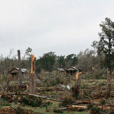 Hurricane-damaged houses and trees