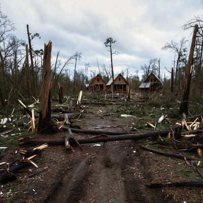Hurricane-damaged cabins amid fallen trees