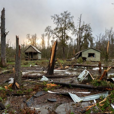 Hurricane-damaged houses amid fallen trees
