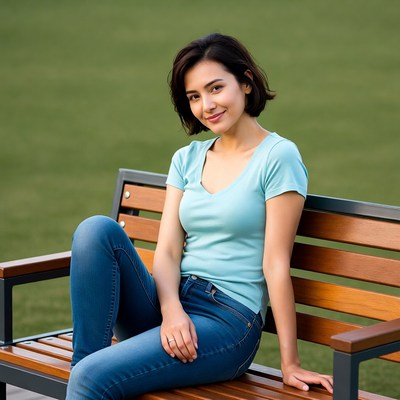 Asian woman sitting on park bench