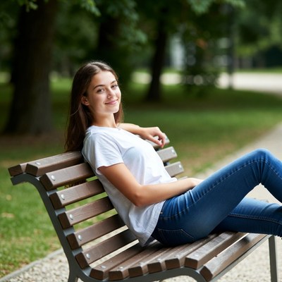 Young woman sitting on park bench