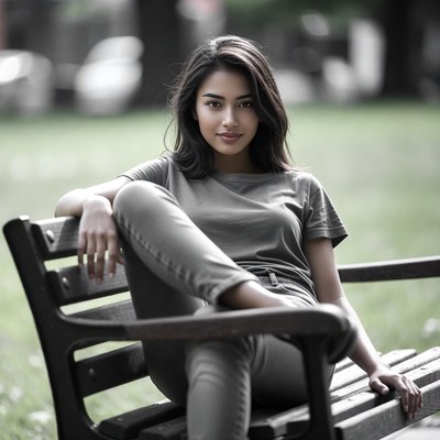 Asian woman sitting on park bench