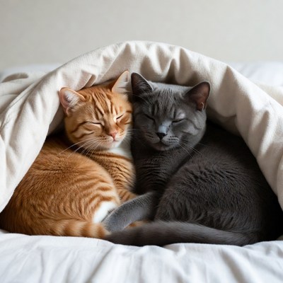 Orange and Gray Cats Cuddling in Bed