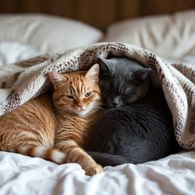 Orange and Gray Cats Cuddling in Bed