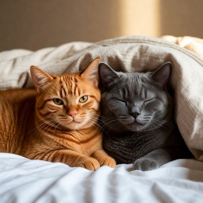 Orange and Gray Cats Under Blanket