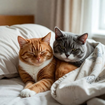 Orange and Gray Cats Cuddling on Bed