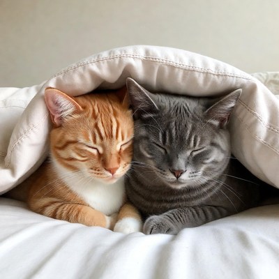Orange and Gray Cats Cuddling Under Blanket