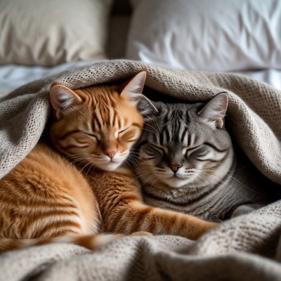 Orange and Gray Cats Cuddling in Bed