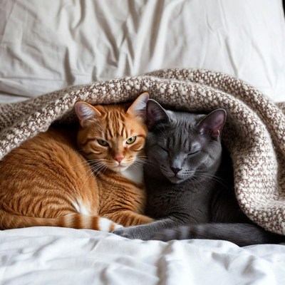 Orange and Gray Cats Cuddling Under Blanket