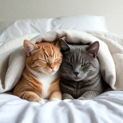 Orange and Gray Cats Cuddling in Bed