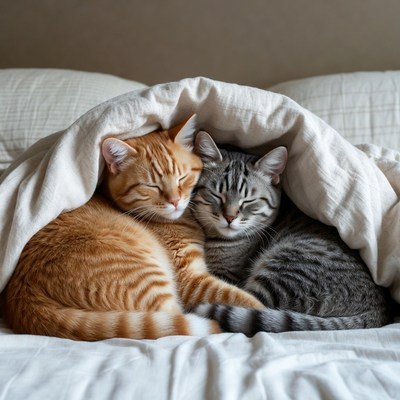 Two Cats Snuggling Under Bed Covers