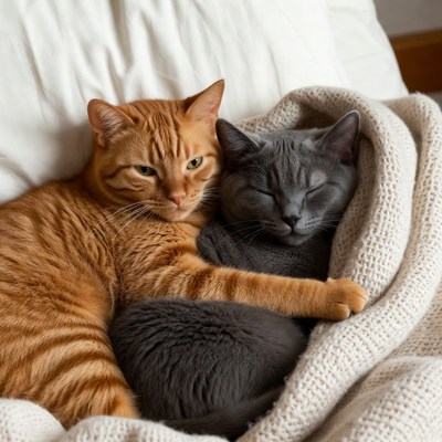 Orange and Gray Cats Cuddling on Bed