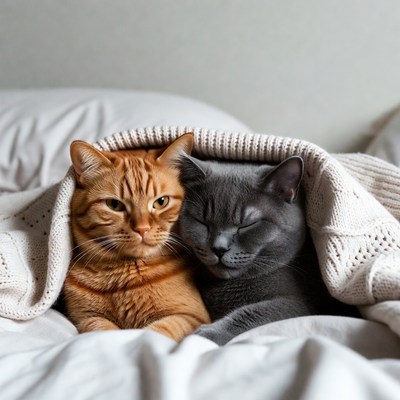 Orange and Gray Cats Cuddling Under Blanket