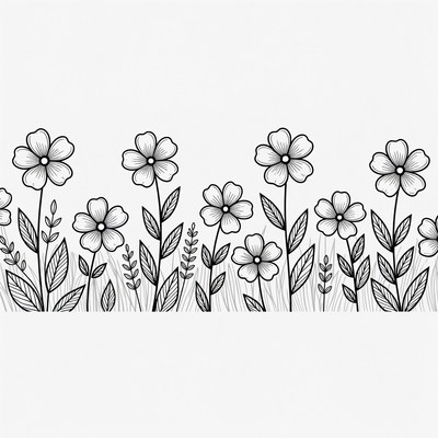 Line Art Daisy Flowers Border
