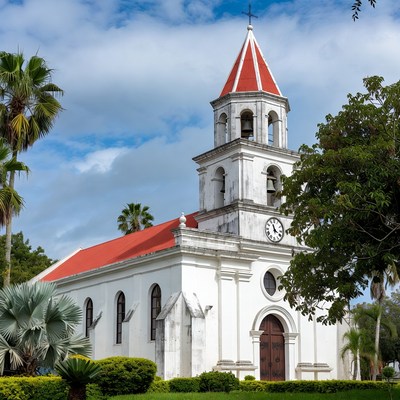 White Church with Red Roof and Palm Trees