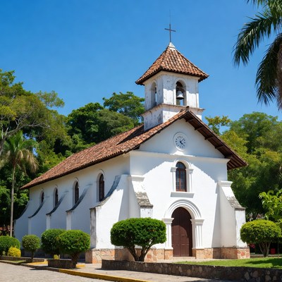 White colonial church with bell tower