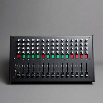 Black Audio Mixer with Knobs and Faders