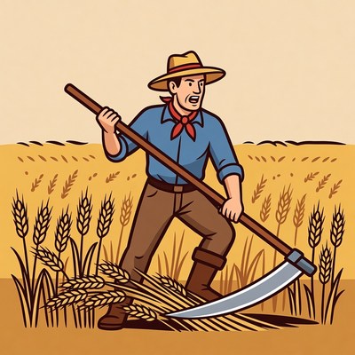 Farmer scything wheat field