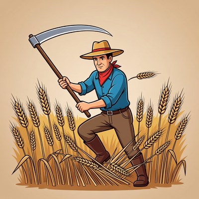 Cartoon farmer harvesting wheat with scythe
