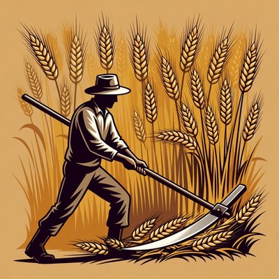 Farmer cutting wheat with sickle