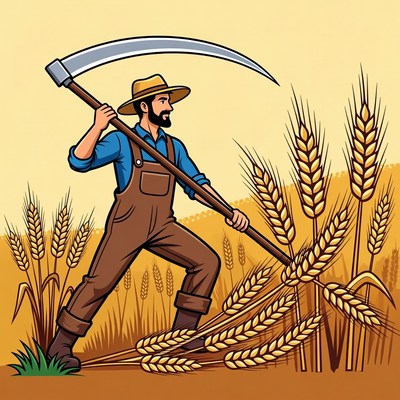 Cartoon farmer harvesting wheat with scythe